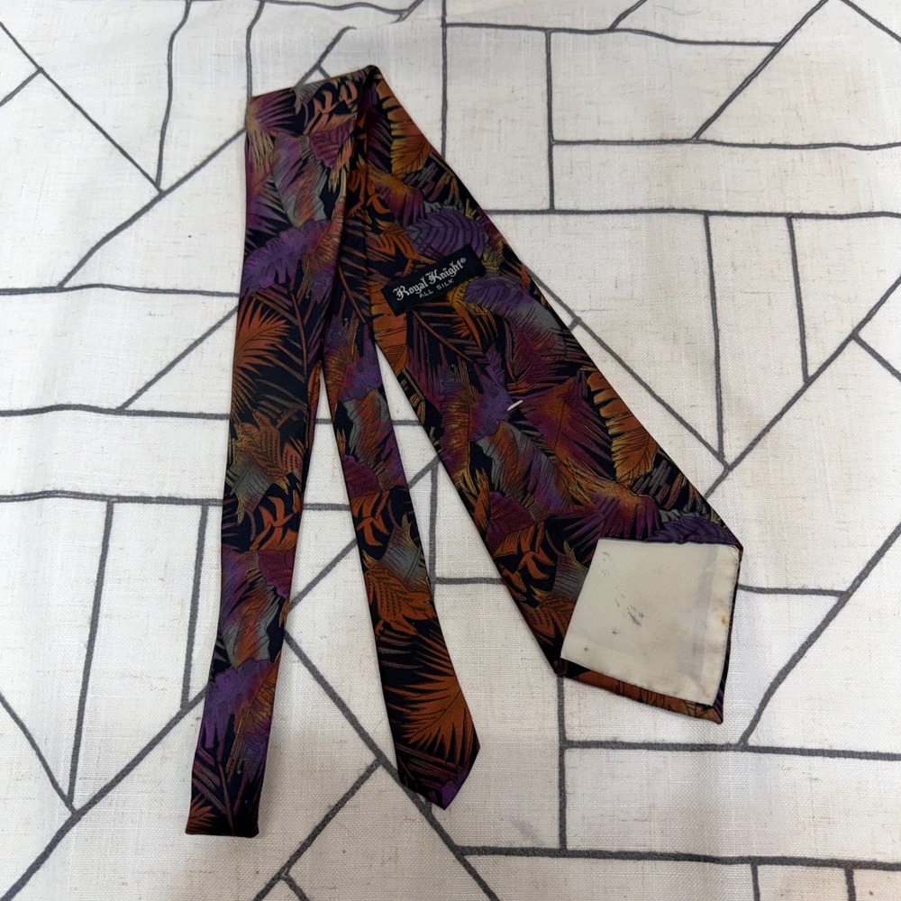 Royal Knight Necktie One Size Purple Orange Tropical Palm Leaf Silk Vintage - Picture 6 of 6